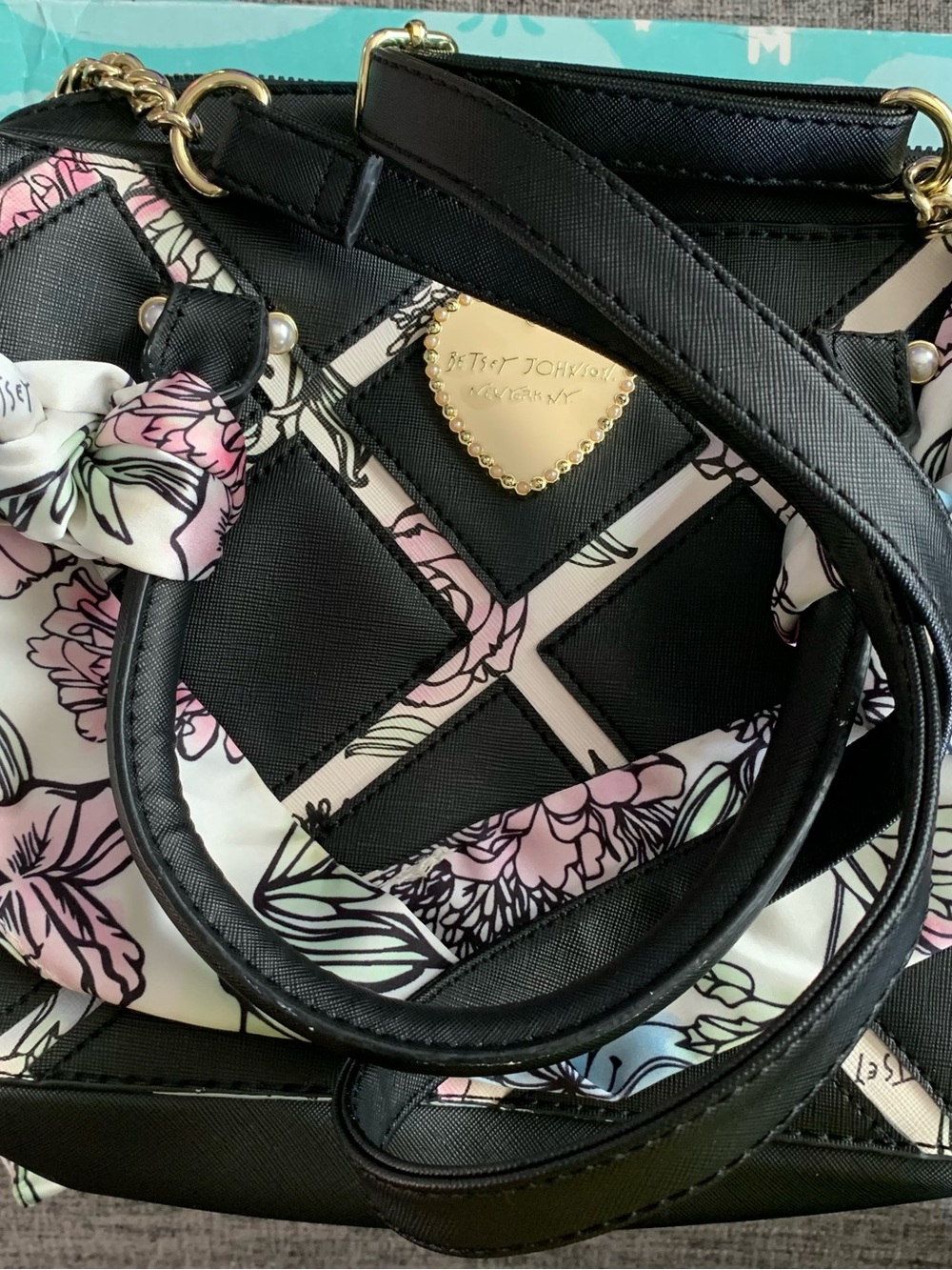 Betsey Johnson Black Quilted Crossbody with Floral Scarf and Gold Heart